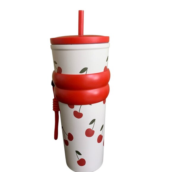 Other - Cherry Print Tumbler with Silicone Grip & Straw – Red/White  🍒